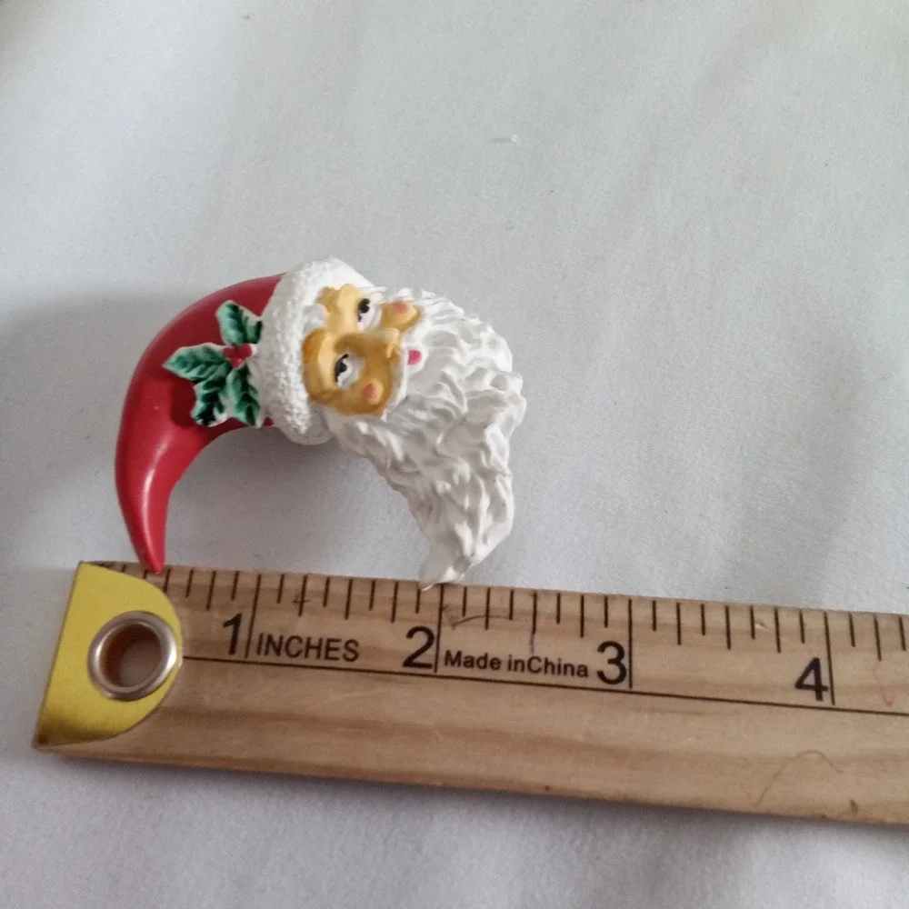 Vintage Santa Claus Christmas Pin Brooch Lot 3pc Folk Art Crescent Moon Holiday
